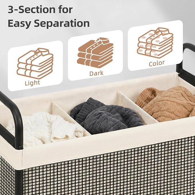 STORAGE MANIAC Rolling Laundry Hamper with Wheels 3-Section Laundry Sorter Rolling Laundrys Basket on Wheels with Removable Bag Clothes Hamper Laundrys Organizer Cart Bathroom Bedroom 120L Beige - Image 6