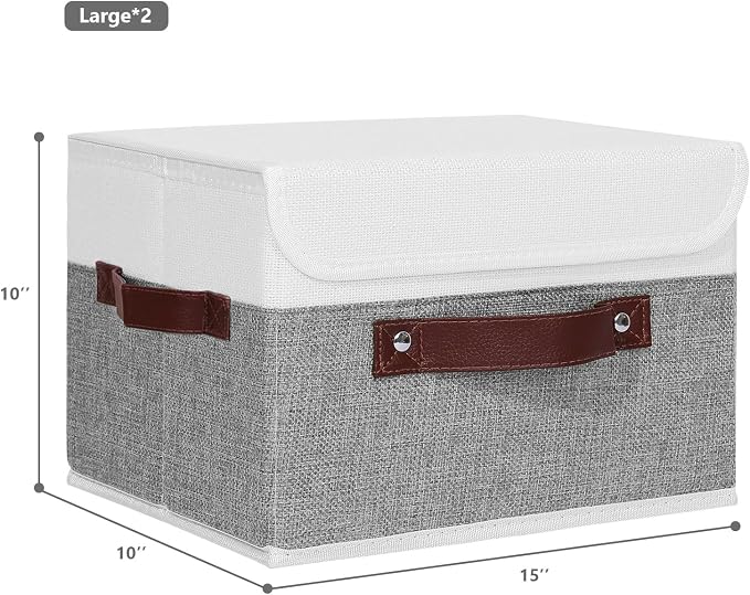 ANMINY Fabric Storage Box Bins with Lids, Gray White, 15"x10"x10", 2 Pack | Keepsake Memory Storage, Cotton Linen, PP Board Reinforced, Washable, PU Handles, Foldable & Stackable, Decorative, Large - Image 5