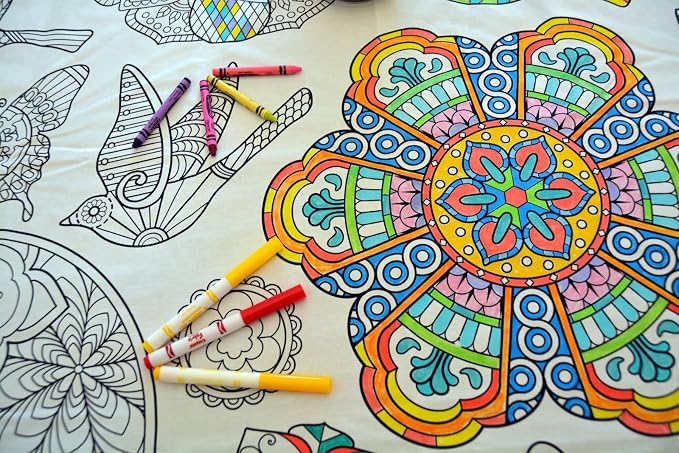 Mandala Design – XL Rectangle Tablecloth 60”X102” - Interactive Coloring Tablecloth for Kids – Poly/Cotton Fabric - Washable and Reusable – DIY Activity for Children & Adults by TheColoringTable