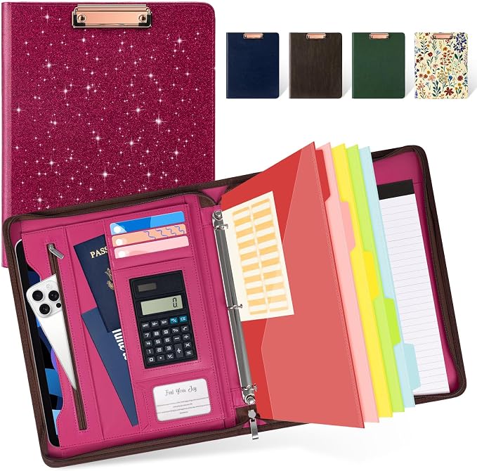 Ospelelf Zipper Clipboard with Storage, Leather Padfolio Portfolio Folder, 3 Ring Binder Dividers with Tabs, 12.1” Tablet Sleeve, Refillable Notepad, Card Slot (Rose Red) by OspelelfOfficeSupplies