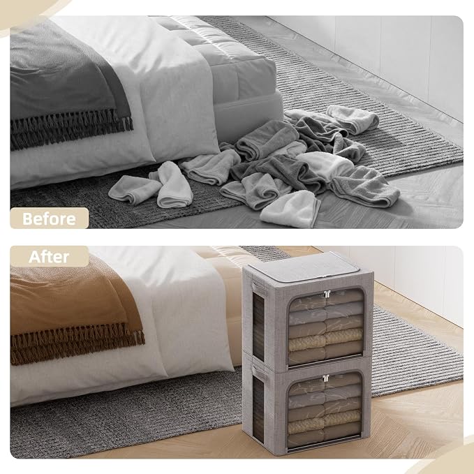 FHSQX 2 Pack Clothes Storage Bins, Light Gray, 16.5x12.2x12.2 Inch | ‎Portable, Large Clear Window, Stackable, Durable Handles, Foldable - Image 3