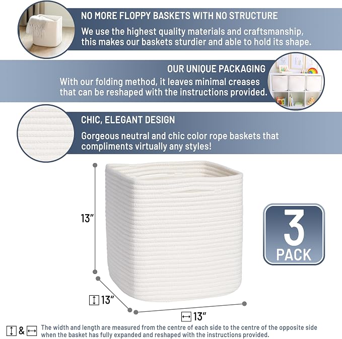 NaturalCozy 13 Inch Cube Storage Bins Cotton Rope Woven Baskets for Organizing 3-Pack | 13 x 13 Storage Cubes | Fabric Square Storage Baskets for Shelves Organizer, Kids Toy Bins, Closet Baby Nursery - Image 2