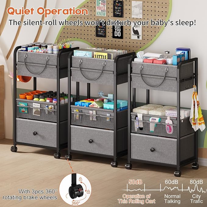 Cidaziya 3In1 Baby Diaper Caddy Organizer, 3 Tier Rolling Cart with Drawer, Detachable Dividers, Mobile Utility Cart Baby Dresser Clothes Organizer for Crib, Bedroom, Art & Craft Storage, Grey - Image 5