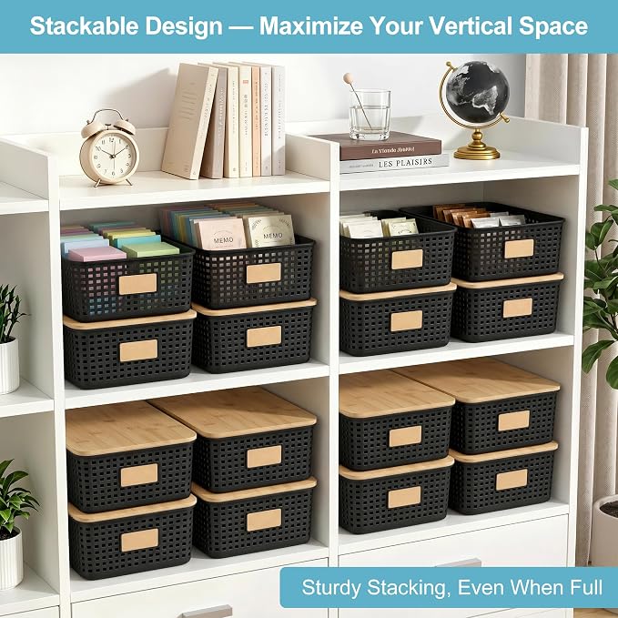 4 Pack Plastic Storage Bins with Bamboo Lids, 6.2qt Stackable Storage Organizer Box with Lable for Pantry Shelves Drawers Desktop Office, 12"L x 8.3"W x 3.5"H, Black - Image 3