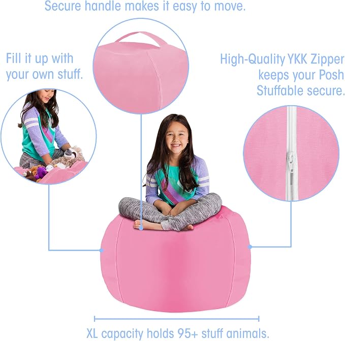 Posh Stuffable Kids Stuffed Animal Storage Bean Bag Chair Cover - Childrens Toy Organizer, Large 38" - Solid Pink - Image 2