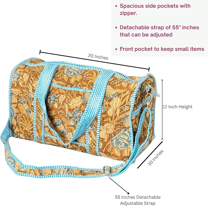 ATOSII Large Duffle Bag, Handblock Print 100% Quilted Cotton for Overnight Trip, Travel Weekender, Luggage, 2 Pockets with Zipper, 1 Front Pocket, Detachable Long Strap, 20 X 10 X 12 Inches, Sienna - Image 2