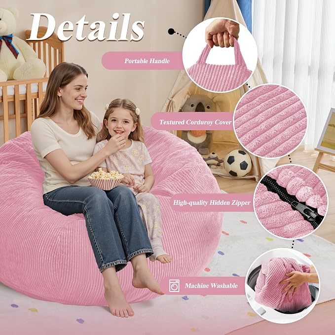 5FT Bean Bag Chair for Adults,Gaint Teardrop Beanbag with Filler | Beanbag Chair with Memory Foam Filled,Bean Bags with Handy Handle&Machine Washable Cover for Living Room,Bedroom-Light Pink - Image 5