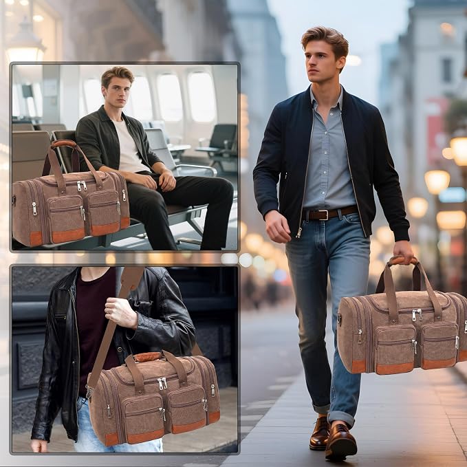 Canvas Duffle Bag For Travel, 50L Expandable Carry on Overnight Travel Duffel Bags with Laptop Compartments Weekend Gym Bag for Men(Coffee) - Image 2