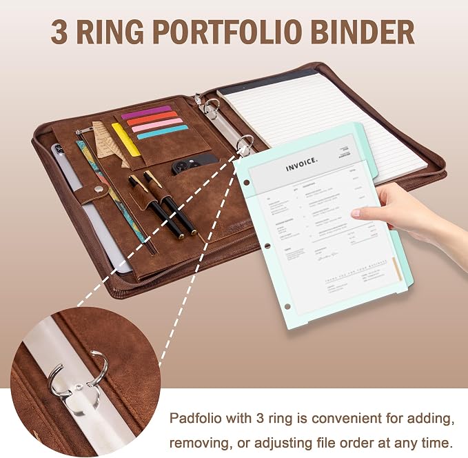 Calfinder Portfolio Binder with 3 Ring,Leather Padfolio with Zipper for Men&Women,Business Portfolio Organizer with Tablet/Documents Holder,Leather Padfolio Binder for Interview/Office/School - Image 7