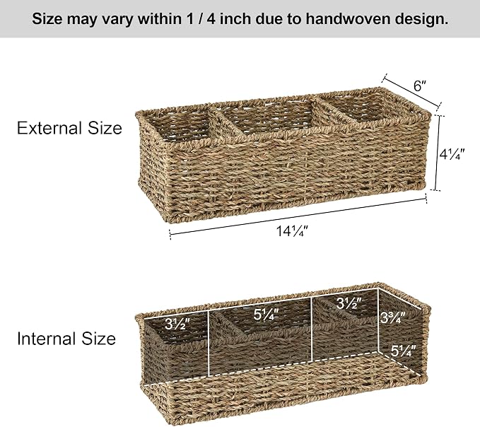 StorageWorks Wicker Toilet Basket Tank Topper, Seagrass Storage Baskets | Wicker Basket, Toilet Paper Storage for Back of Toilet Tank, Woven Baskets for Shelves, Wicker Baskets with 3 Compartments - Image 7
