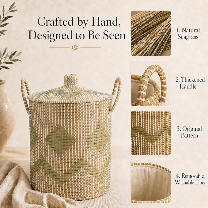 Sea Grass Storage Basket Set of 4, Handwoven Wicker Storage Organizer, Includes 2 Laundry Hampers with Lids, 2 Bins for Shelves and Removable Washable Liners for Bathroom, Bedroom, Laundry Room - Image 5