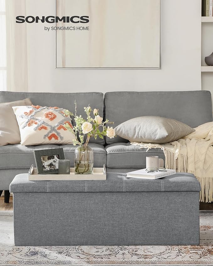 SONGMICS MAZIE Collection - 43 Inches Ottoman Storage Bench, 35 Gal. Folding Chest with Breathable Linen-Look Fabric, Load up to 660 lb, for Entryway, Living Room, Bedroom, Light Gray ULSF077G05 - Image 2