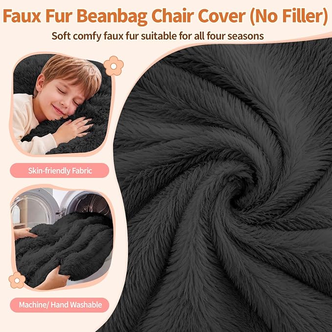Stuffed Animal Storage Bean Bag Chair Cover, Soft Bean Bag Cover | Fluffy Faux Fur Stuffed Animal Storage Chair, Non-Slip Bottom, Fill with Plush Toys or Blankets, for Adults Teens Kids Girls - Image 4