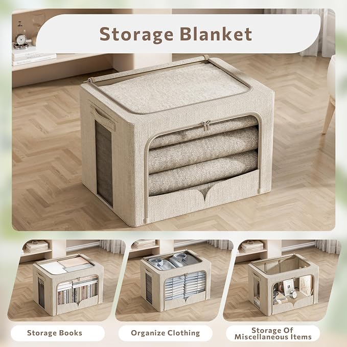 FHSQX 3 Pack Clothes Storage Bins - Foldable Metal Frame Storage Box - Stackable Linen Fabric Container Organizer Set with Carrying Handles and Clear Window (Beige, 15.7x11.8x9.8inch(30L)) - Image 5