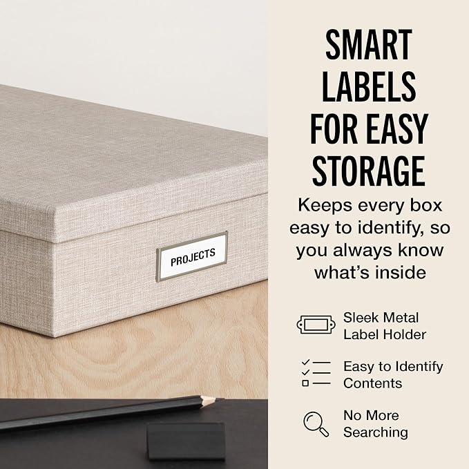 Bigso Oskar Fiberboard Label Frame Document Letter Box for Important Paperwork A4 or Letter Size - Durable Keepsake Box with Lid and Metal Label Holder - 3.3in x 10.2in x 13.8in - Melange Beige - Image 5