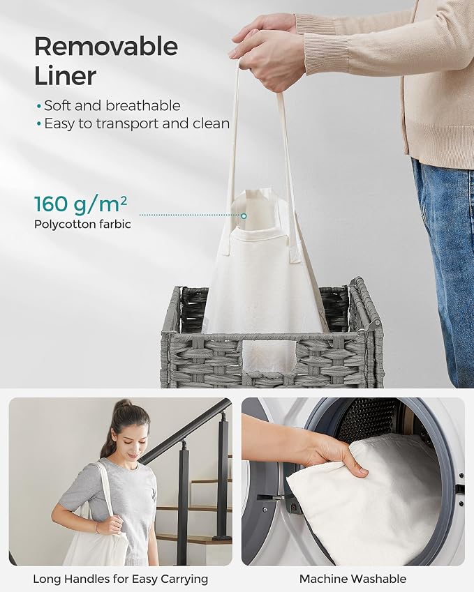 SONGMICS Laundry Hamper with Lid, 23.8 Gallon (90 L) Synthetic Rattan Clothes Laundry Basket with Lid and Handles, Foldable, Removable Liner, Dove Gray ULCB51WG - Image 7