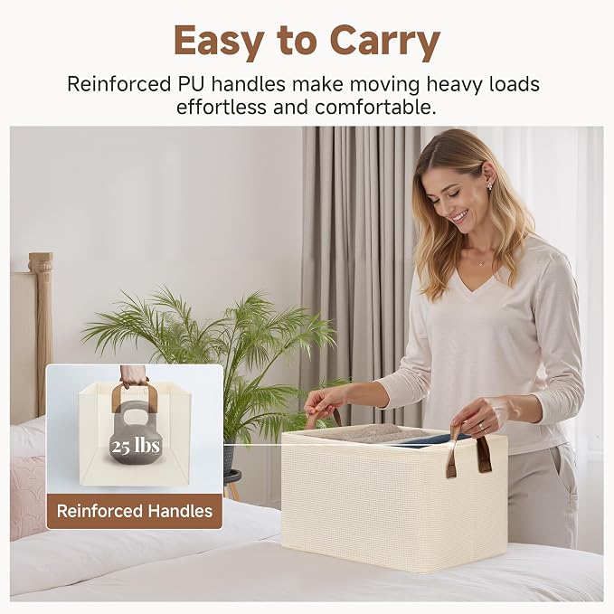 StorageWorks Closet Storage Bins, Shelves Baskets, Beige, 2-Pack | With Reinforced PU Handles, Sturdy Metal Frame, Collapsible, Basket for Shelves, Closet, Holds Clothes, Towels, Blankets - Image 5