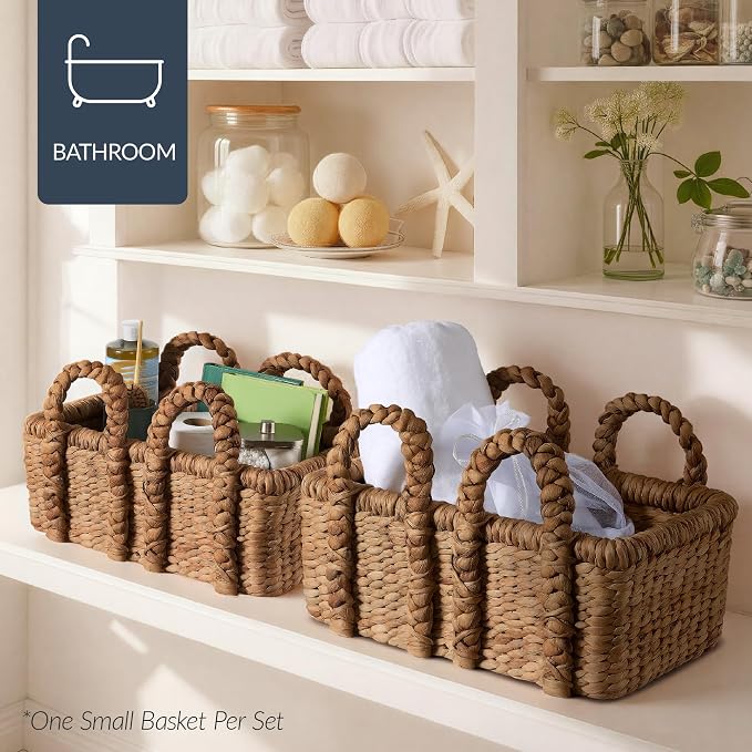 Best Choice Products 3Pc Shelf Baskets, Small, Large and XL Chunky Woven Wicker Rattan Storage Baskets w/Braided Handles, Organizer Bins for Blankets, Pillows, Shoes and Toys - Chestnut - Image 8