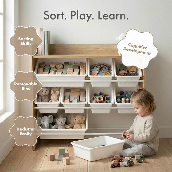 Humble Crew Kids Toy Organizer with Display Shelf, 9 Bins, 3 Tier Storage | Sturdy wood and steel toddler shelf, removable BPA-free containers, wall anchor anti-tip safety kit for bedroom or classroom - Image 6