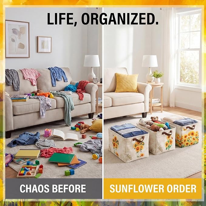 Fourluoo 6 Pack Sunflower Storage Basket with Handles Sunflower Clothes Storage Basket Bin Foldable Box Bins Organizer for Closet Shelf Nursery Kid Room Book Toy Chest - Image 2