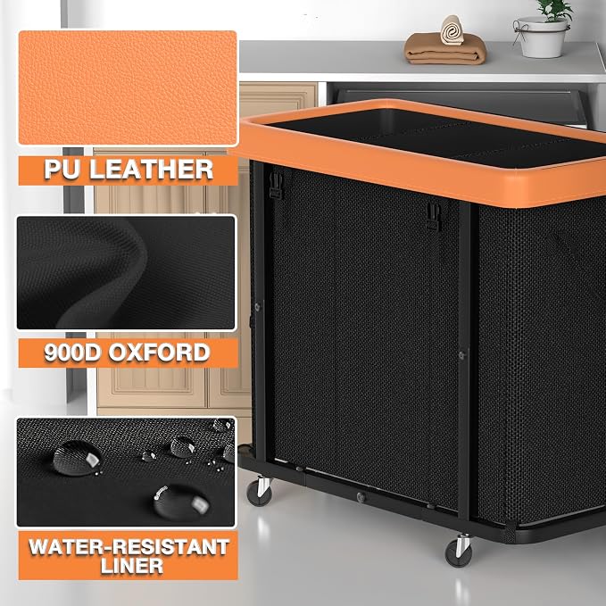 Laundry Basket with Wheels, 230L Leather Patchwork Laundry Sorter 3 Section | Sturdy Metal Frame, Removable Washable Bag, Tall Clothes Sorter for Bedroom - Black - Image 2
