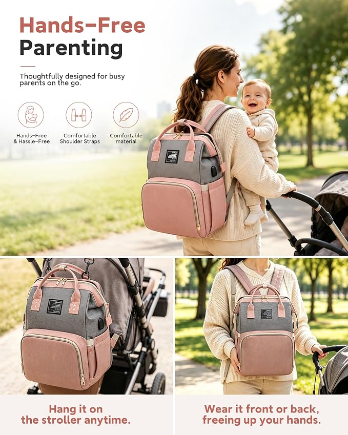 houscly Diaper Bag Backpack with Changing Station, 25L Large Capacity | Multifunction baby bag, baby registry search, baby girl newborn essentials must haves, baby shower gifts, Peach Pink - Image 6