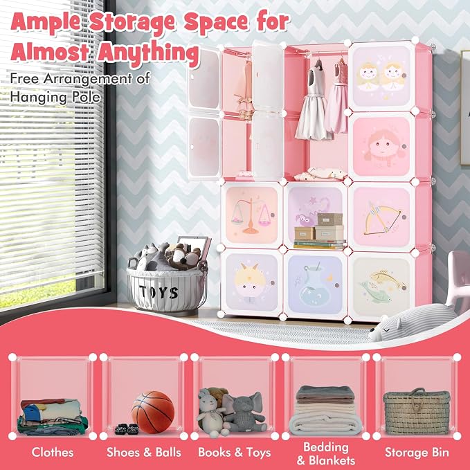 HONEY JOY Kids Wardrobe Closet, Baby Cartoon Clothes Storage Organizer, 12 Cubes & 2 Hanging Sections, Portable Children DIY Modular Bedroom Armoire Dresser Cabinet for Boys Girls (Light Pink) - Image 6