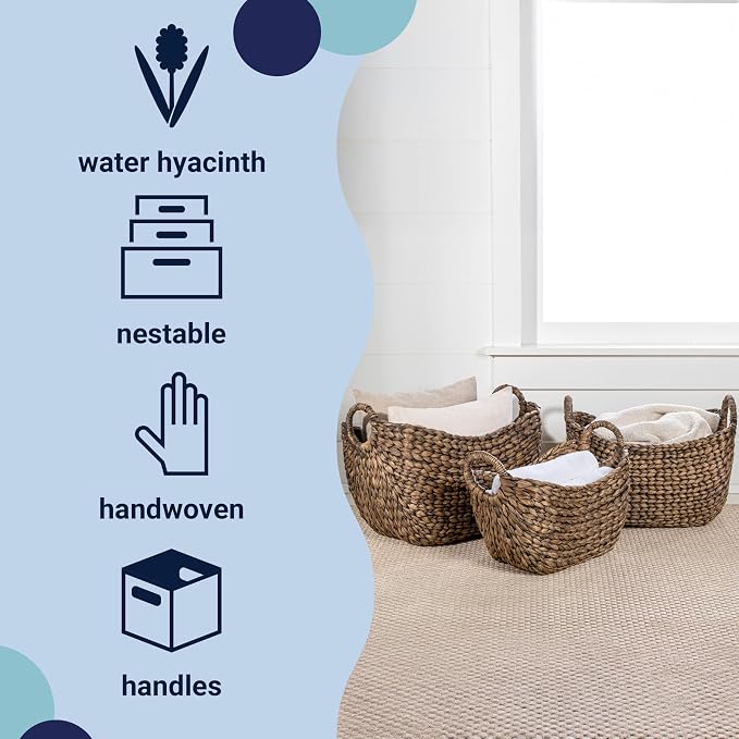 happimess Nellie 3-Piece Hyacinth Boat Wicker Storage Baskets 17", Brown | Farmhouse Classic Handwoven Nesting Design, Integrated Handles, Decor For Living Room Bedroom Nursery, Toy Blanket Organizers - Image 3