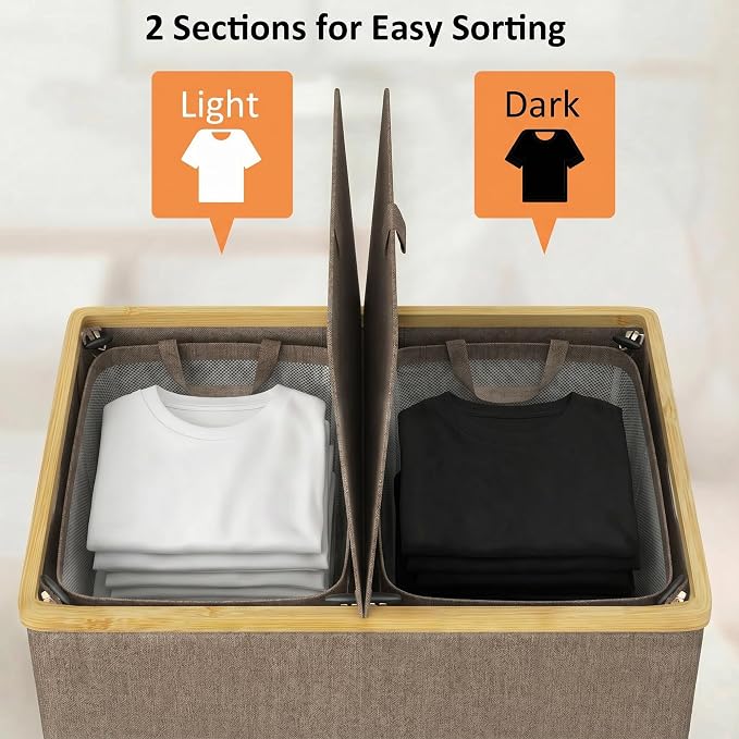 efluky Laundry Hamper with Lid, Double Laundry Basket with 2 Removable Bags, 2 Section Laundry Bin with Bamboo Handles for Bathroom, Bedroom & Laundry Room, 140L (36.9 Gallon) Brown - Image 4