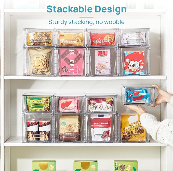 Vtopmart Clear Stackable Storage Drawers, 4 Pack Kitchen Cabinet Set | Medium and Small Pull-Out PET Drawers with Stackable Design for Kitchen Cabinets, Pantry, Under Sink, Medicine - Image 4