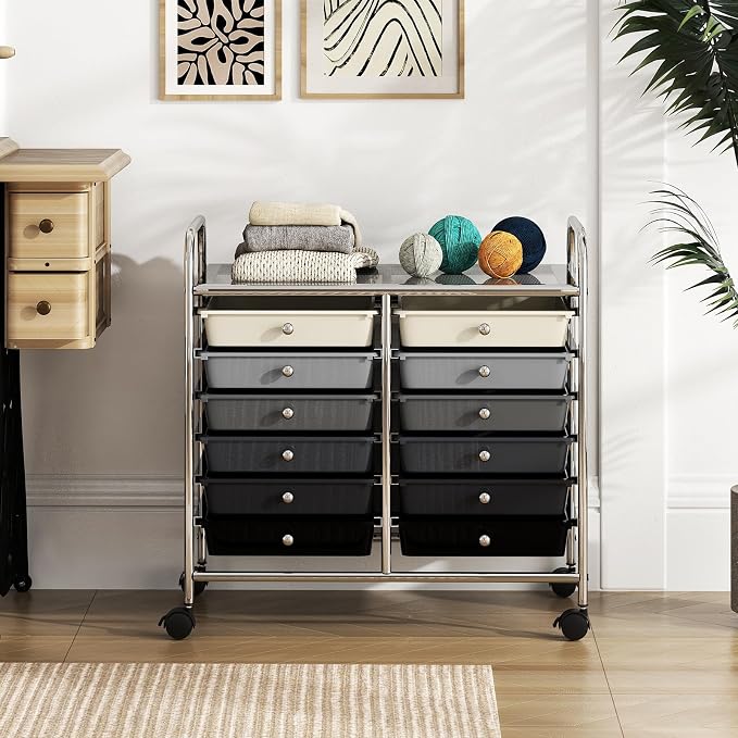RELAX4LIFE 12-Drawer Rolling Storage Cart - Mobile Utility Cart on Wheels for School Classroom Teacher Office Salon, Paper File Art Supply Craft Organizer, Rolling Cart with Drawers (Gradient Black) - Image 8