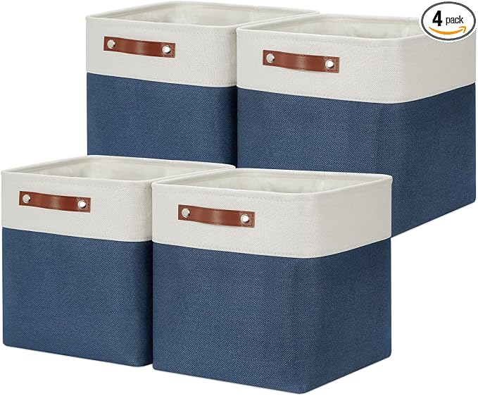 DULLEMELO Foldable Storage Cubes 12 x 12 Organizer Bins,Canvas Storage Bins Empty Gift Baskets for Organizing with SturdyLeather Handles, Closet Baskets for Nursery Storage(4 Pack - 12" White&Blue) by DULLEMELO