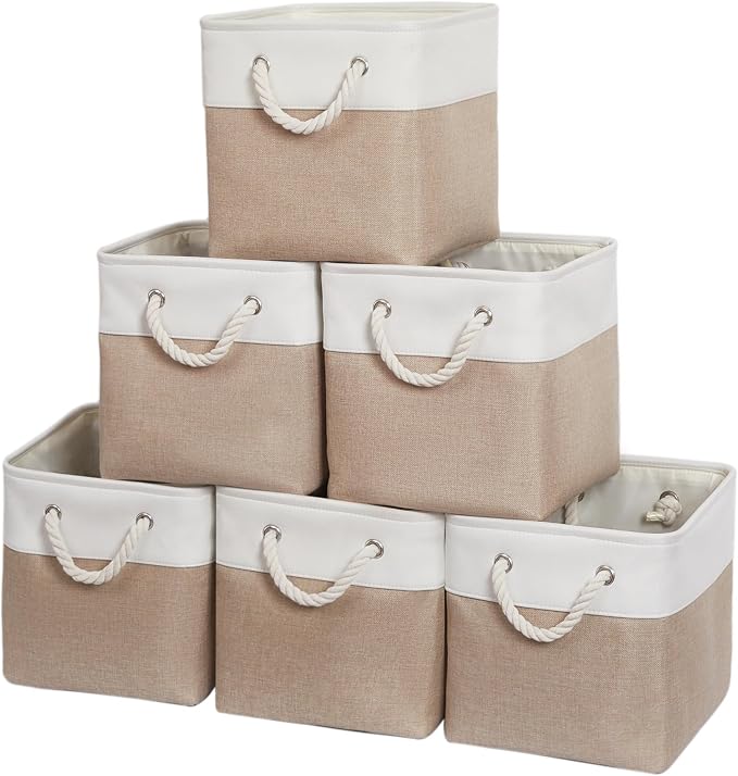 11 Inch 6 Pack Cube Storage Bins with Handles | Foldable Storage Basket,Fabric Storage Basket,Storage cube baskets suitable for the Home & Office(White&Beige) by ISEMINGLA
