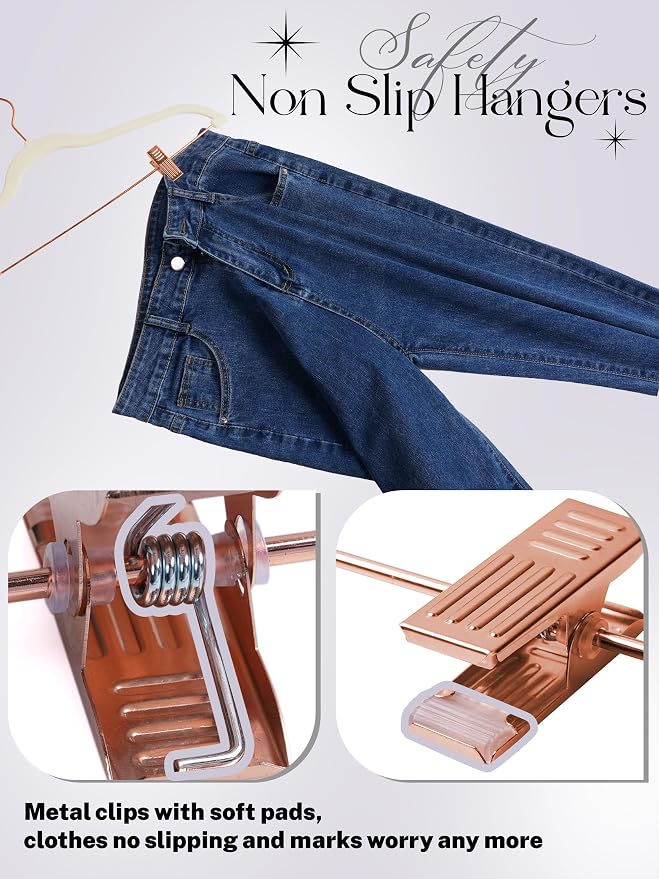 HOUSE DAY Pants Hangers with Clips 24 Pack, with Rose Gold Hook and Clips | Ivory | Non Slip Velvet Flocked | 0.2" Thin | Swivel Hook | Space Saving | Rubber Padded Clip| For Pants, Skirt, Shorts, Coat - Image 7