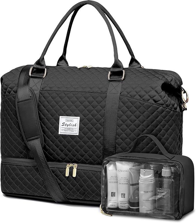 Women Weekender Travel Duffle Bags - Large Duffel Overnight Bag with Shoe Compartment & Toiletry Carry on Tote Weekend Yoga Gym Bags with Wet Pocket Hospital Bags for Labor and Delivery Black by FIUAIE