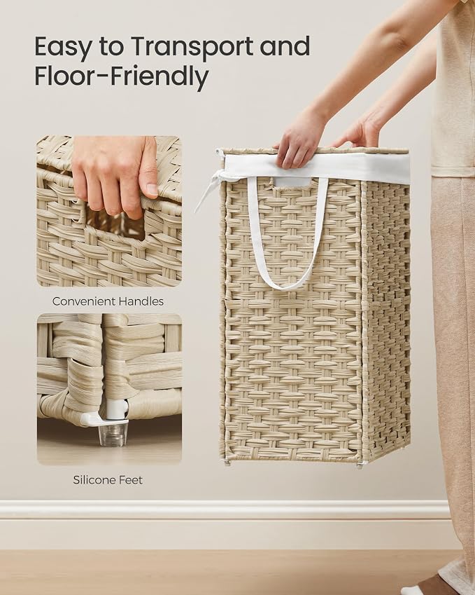 SONGMICS Laundry Hamper with Lid, 17.2 Gallon (65L) Synthetic Rattan Clothes Laundry Basket with Lid and Handles, Foldable, Removable Liner, Summer Sand ULCB165LZ01 - Image 4