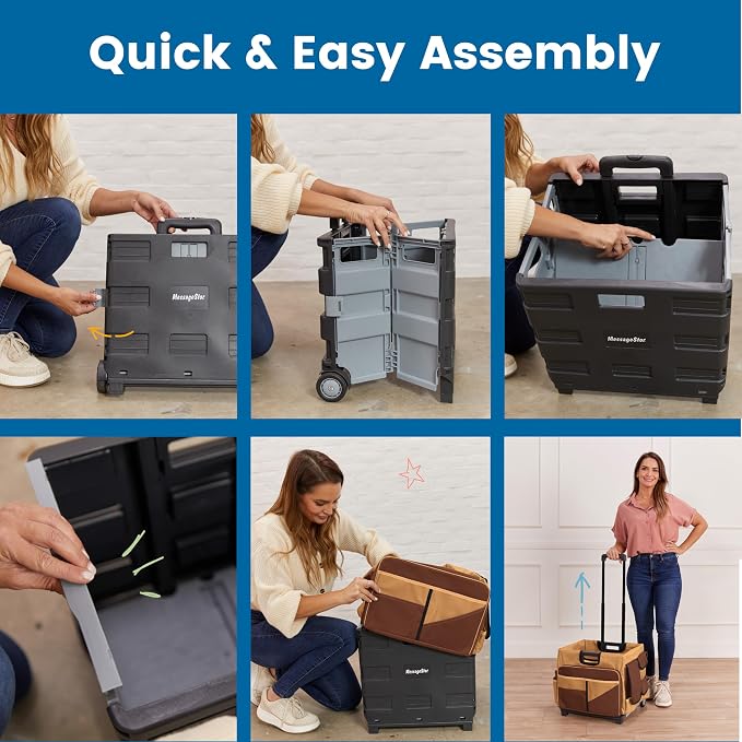 ECR4Kids Universal Rolling Cart with Canvas Organizer Bag, Mobile Storage, Dark Grey/Grey | Durable plastic, 30 compartments, adjustable handle, 40 lb capacity, collapses to 3" thick, rolling wheels for easy transport - Image 6