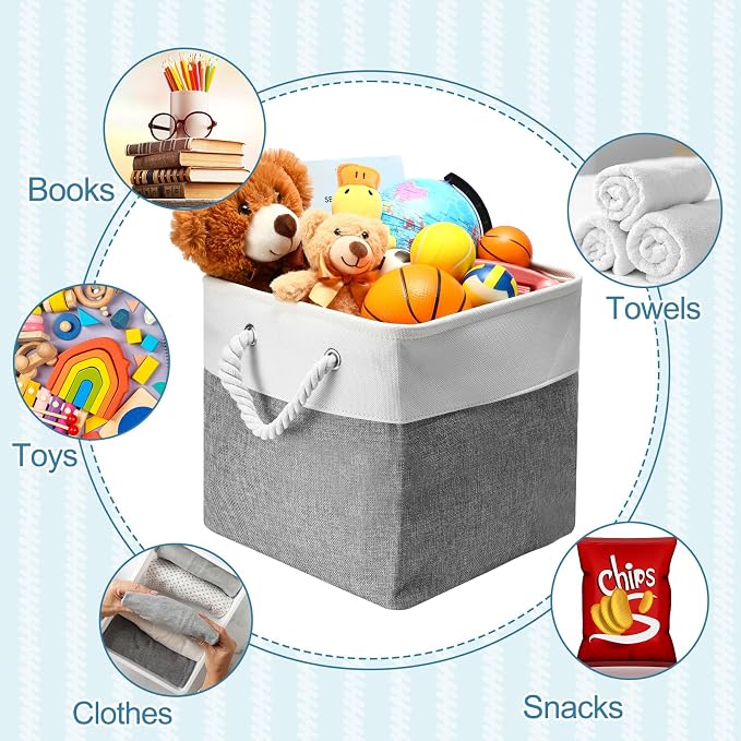 FoldTier 10 Pack Large Collapsible Fabric Storage Baskets with Handles Decorative Storage Bins for Organizing Shelves Toys Clothes(White & Gray,12 x 12 x 12 Inches) - Image 5