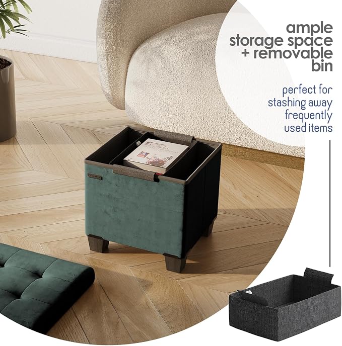 Storage Ottoman Cube with Small Bin, 15-in Square Ottoman with Storage for Living Room and Bedroom, Small Ottomans Foot Rest, Velvet Foot Stools Ottomans Max 330lbs, Green - Image 3