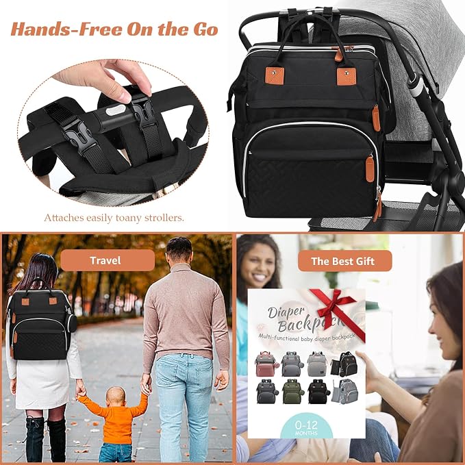 Diaper Bag Backpack for New Parents, Large Capacity Baby Travel Bag with Bottle Holders, Multiple Compartments (Black) - Image 5
