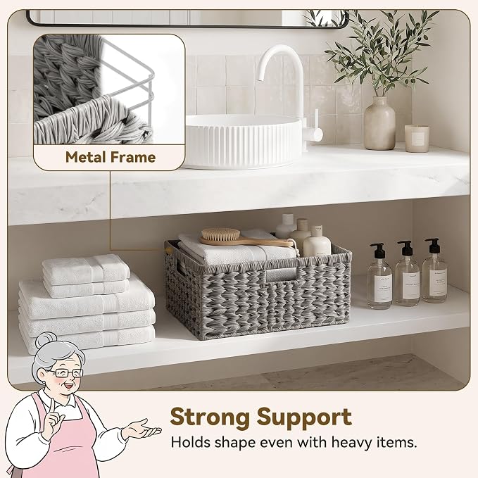 GRANNY SAYS Wicker Baskets for Organizing, Waterproof Pantry Basket, 1-Pack | Plastic Wicker Storage Baskets for Shelves,Large Wicker Baskets for Storage,Handwoven Storage Baskets with Handle,Grey Basket - Image 2