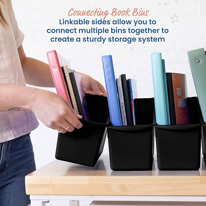 ECR4Kids Linking Plastic Storage Book Bin, Multipurpose Organization, Black, 10-Piece | Durable plastic with built-in handles, interlocking, nestable, ideal for books, magazines, and files in a classroom or office - Image 3