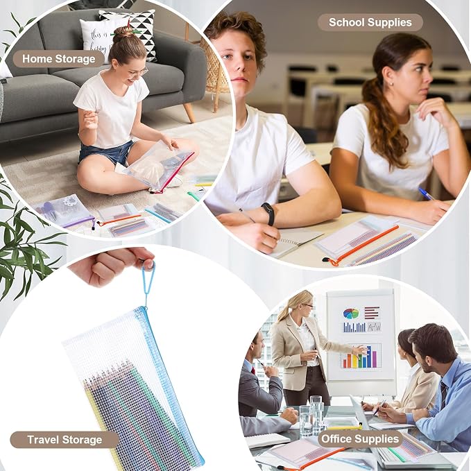 Kisston 100 Pcs Mesh Zipper Pouch Bags Bulk, 8 Sizes Plastic Zipper Bags, 8 Colors Waterproof File Pouches for Organization, Multipurpose Travel Pouches for Travel, Office, Board Game - Image 6