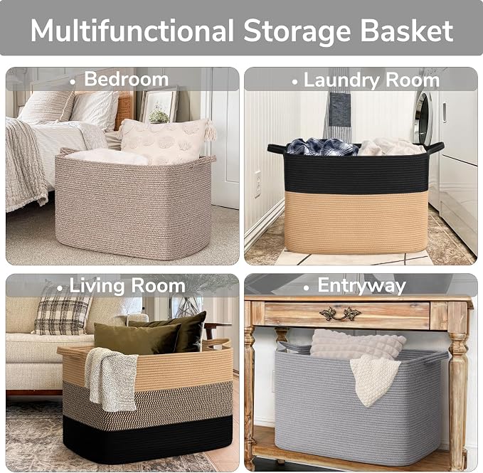 Goodpick 105L Extra Large Woven Rope Blanket Basket, Rectangle, Gray | 25'' x 16'' x 16'' Storage Basket for Blankets, Pillows & Clothes, Living Room & Bedroom Organization, Reinforced Handles - Image 4