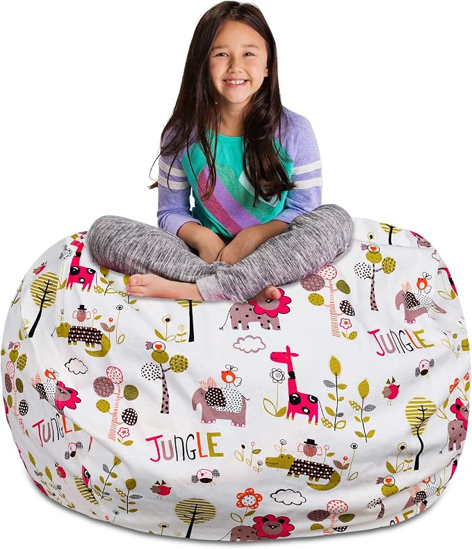 Posh Stuffable Kids Stuffed Animal Storage Bean Bag Chair Cover - Childrens Toy Organizer, X-Large-48 - Canvas Jungle White by PoshCreations