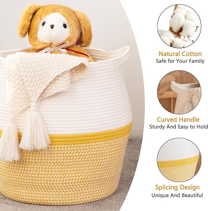 KAKAMAY Woven Baskets for Storage(17"x17"),Large Cotton Rope Woven Baby Laundry Hamper,Collapsible Laundry Basket, Blanket Basket for Organizing Living Room,Nursery,Pillows,Toy Chest(Yellow) - Image 2