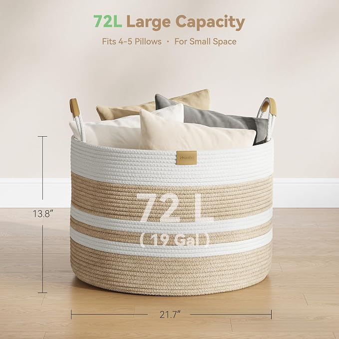 Nunsino 72L Woven Blanket Basket with Leather Handles, Cotton Rope Laundry Basket Hamper,Decorative Nursery Basket Toy Storage Basket for Kids, Living Room, Bedroom, Beige Stripes - Image 4