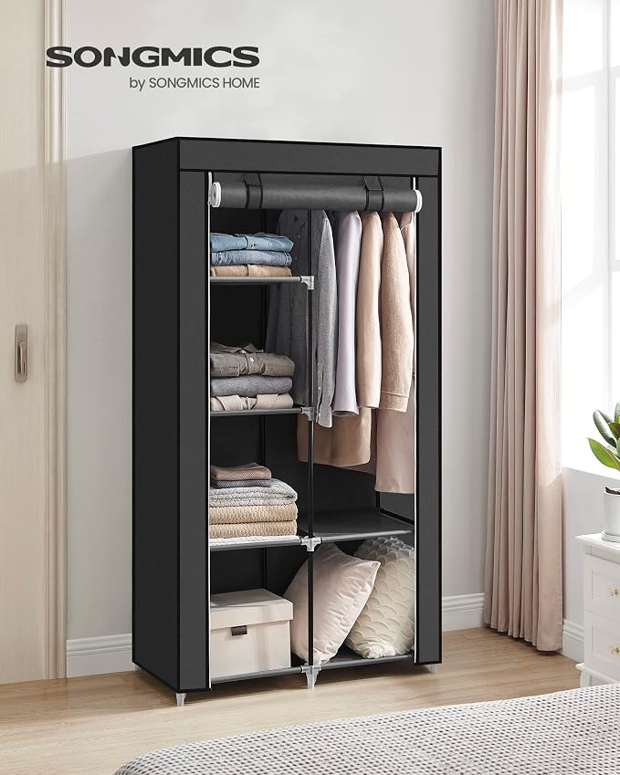 SONGMICS Portable Closet, Fabric Wardrobe, Clothes Rack with Shelves, Pockets, Large Capacity, 1 Hanging Rod, 34.6 x 17.7 x 66.1 Inches, Ink Black URYG84BK | Large Capacity, 1 Hanging Rod, Pockets, 34.6 x 17.7 x 66.1 Inches, Ink Black, RYLAN Collection... - Image 2