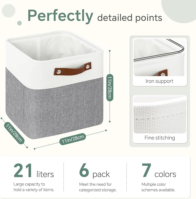FinishingBo 11 inch Cube Storage Bin 6 Pack, Cube Organizer Bins | Fabric Storage Bins With Handles, 11x11 Storage Cubes, Shelf Basket, White/ Gray - Image 4
