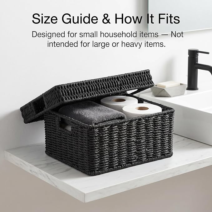 Wicker Storage Basket with Lid for Shelves,12×10×5.5in, Black | One rectangular wicker basket with lid for decorative shelf storage; its removable lid lifts off and flips into a tray. - Image 2